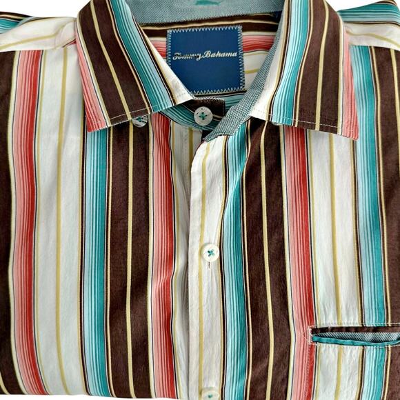 Tommy Bahama Cabana Lanes Brew Stripe Silk Blend L/S Button Down Shirt LARGE - Picture 1 of 8